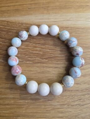 Blue Aqua Terra Jasper & Riverstone Stretch Bracelet Handmade Gemstone Beads